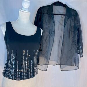 Maggie London Formal Cocktail Black Tank Top/Jacket Black/Clear Sequins 6 P 👍